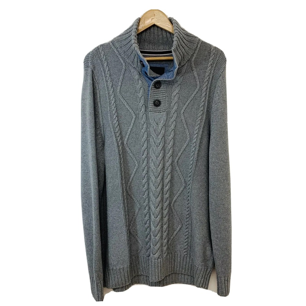 Celio Gray Cable Knit Mock Neck Quarter Button Sweater Men XL Cotton Blend